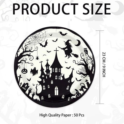 50Pcs Halloween Black Witch Castle Paper Plates 9 Inch - Grencian