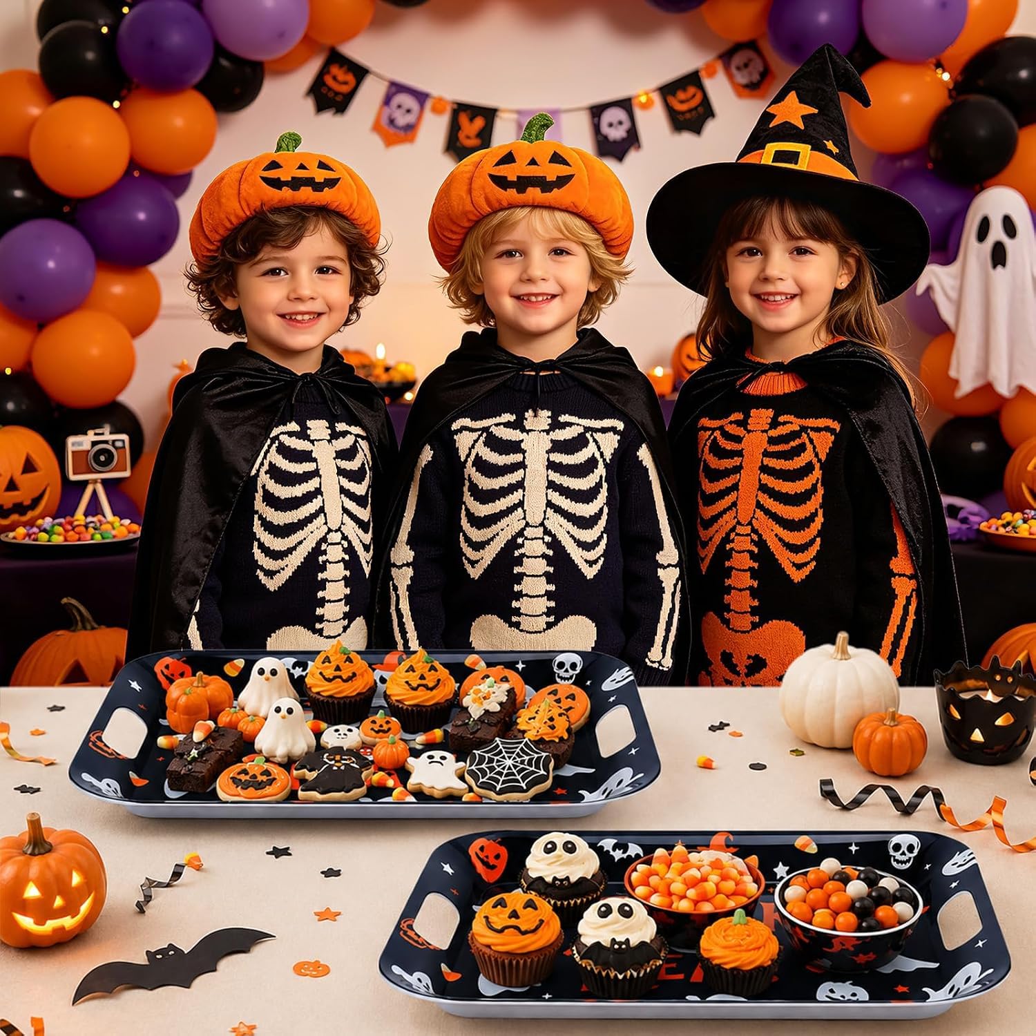 Halloween buffet styled with the trays