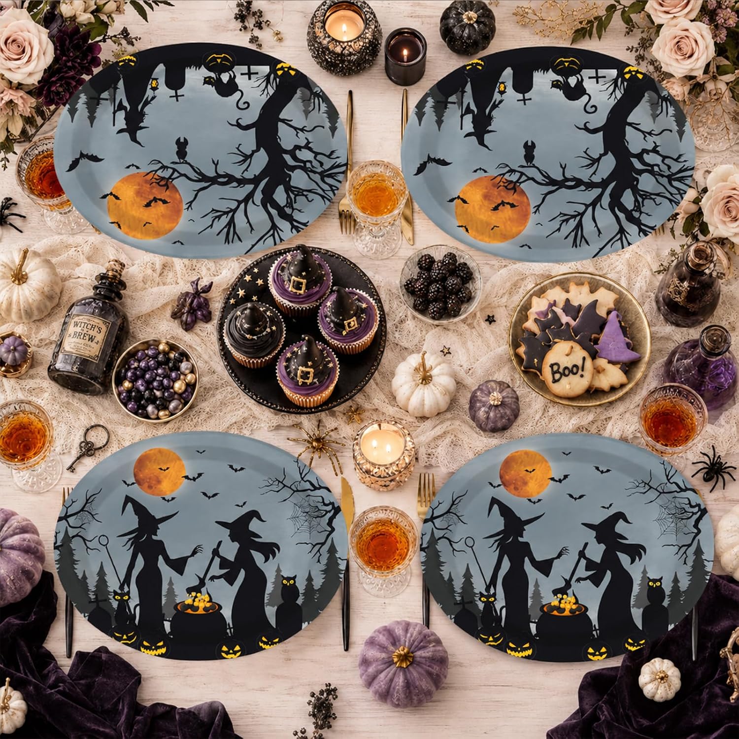 Close up of the graveyard witch and black cat scene