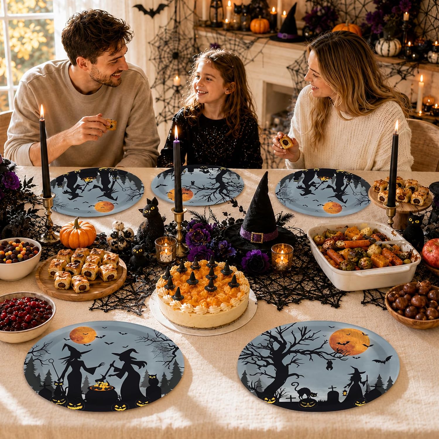 Halloween table styled with the moonlit witch plates