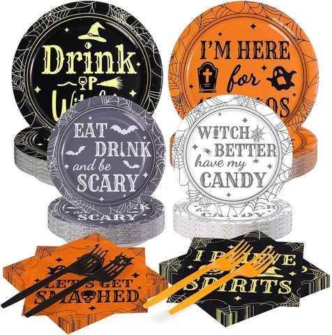 Grencian 200Pcs Halloween Spooky Witch Party Set Serves 50