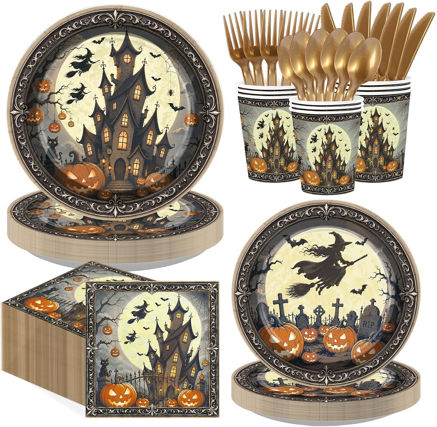 Grencian 168Pcs Halloween witch tableware set serves 24