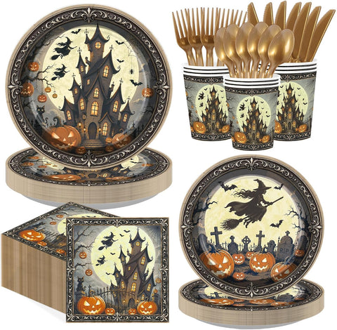 Grencian 168Pcs Halloween witch tableware set serves 24