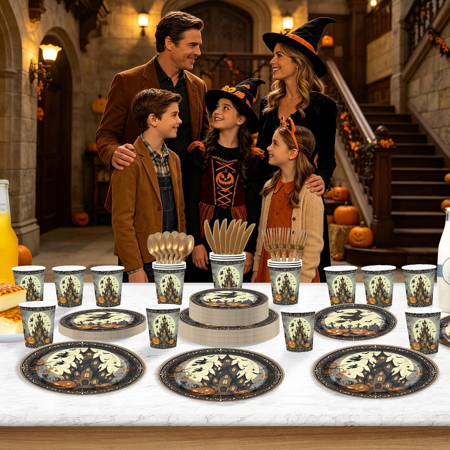 Halloween dinner table laid for 24 guests