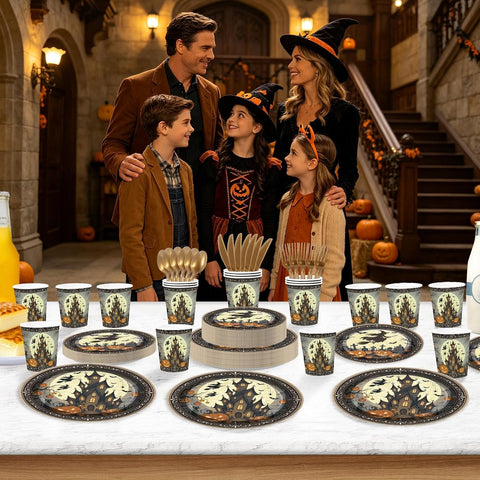 Halloween dinner table laid for 24 guests