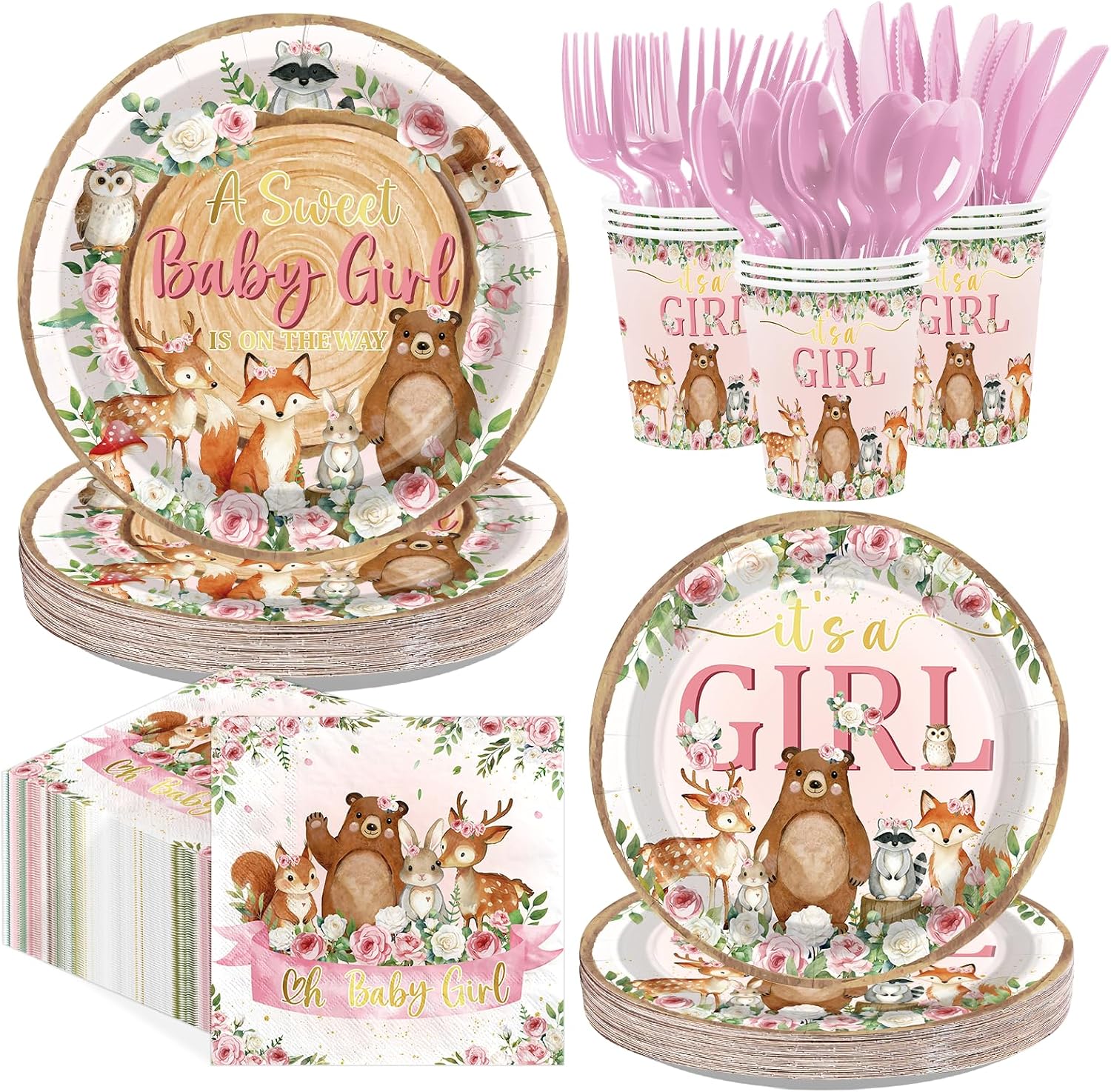 Greencian 168-piece woodland girl baby shower supplies with It's A Girl pink floral tableware