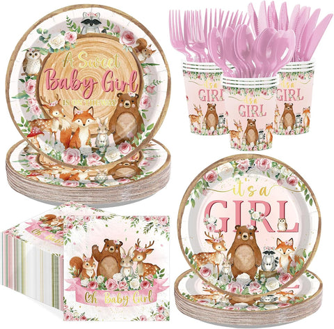 Greencian 168-piece woodland girl baby shower supplies with It's A Girl pink floral tableware