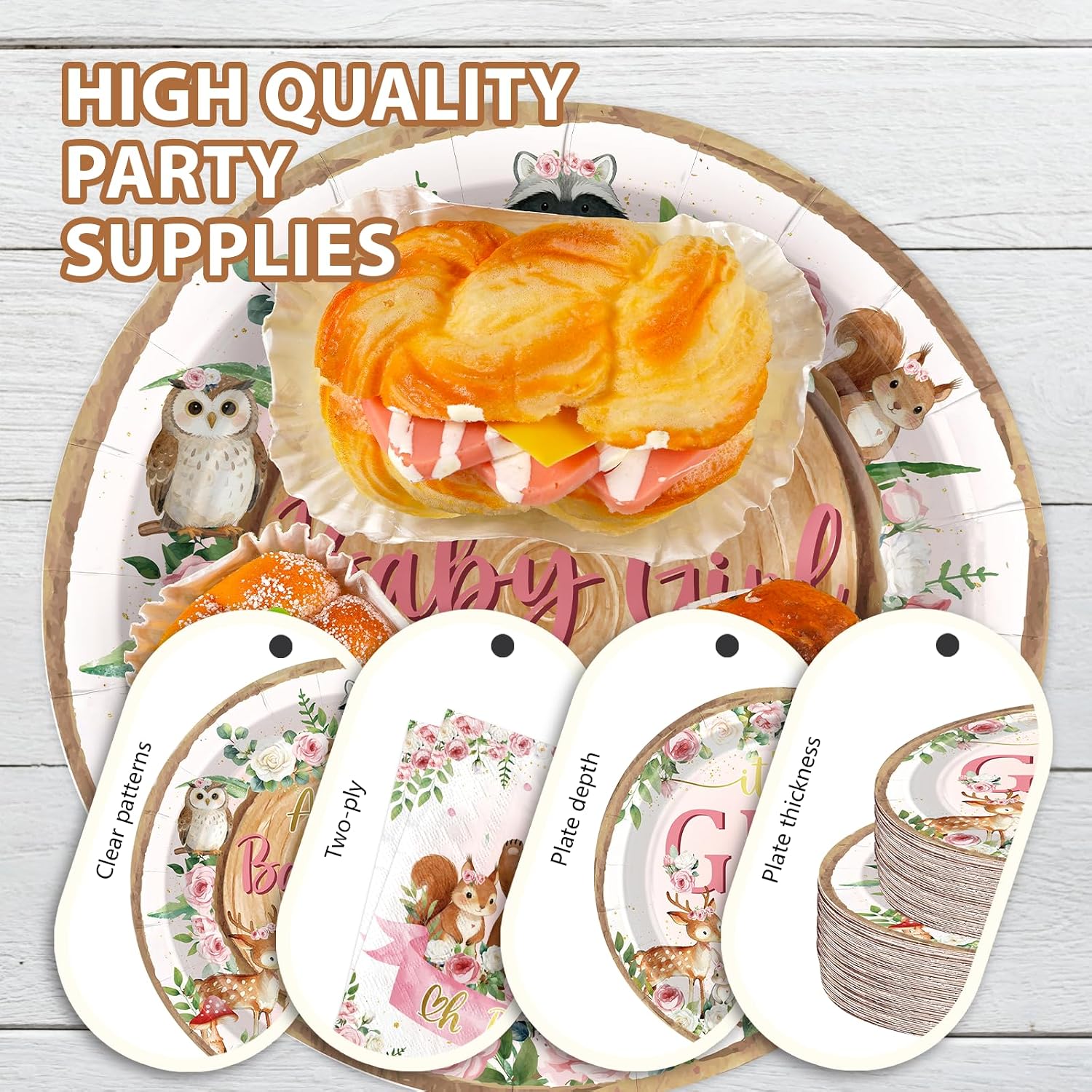 Close-up of It's A Girl woodland floral paper plate