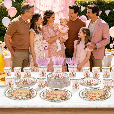 Woodland baby shower party table with pink floral tableware