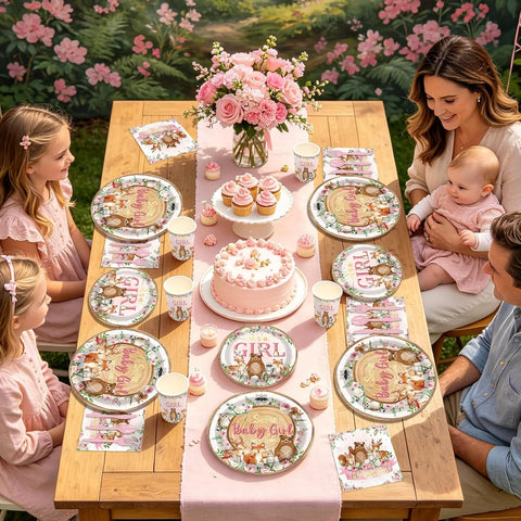 Gender reveal baby shower party scene with woodland tableware