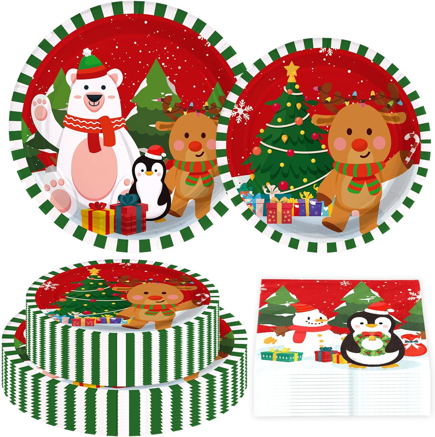 Grencian 200Pcs Christmas Cartoon Plates and Napkins Serves 50 - Grencian