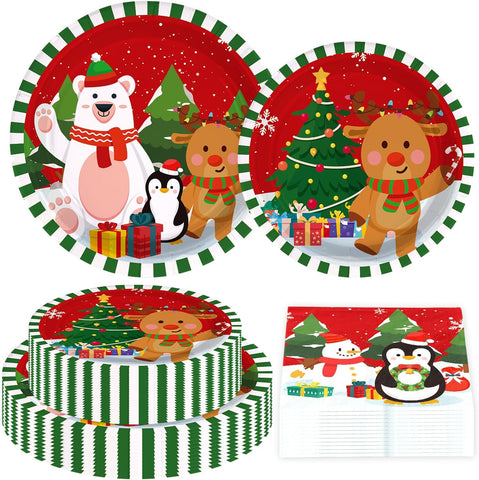 Grencian 200Pcs Christmas Cartoon Plates and Napkins Serves 50 - Grencian