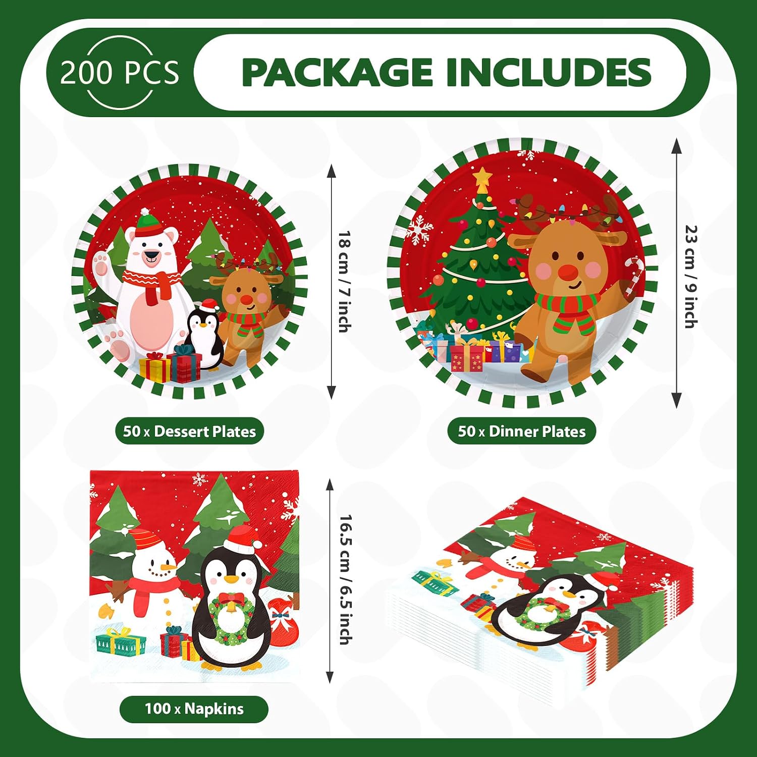 Grencian 200Pcs Christmas Cartoon Plates and Napkins Serves 50 - Grencian