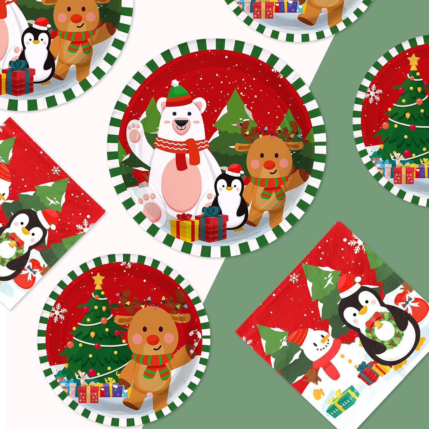 Grencian 200Pcs Christmas Cartoon Plates and Napkins Serves 50 - Grencian