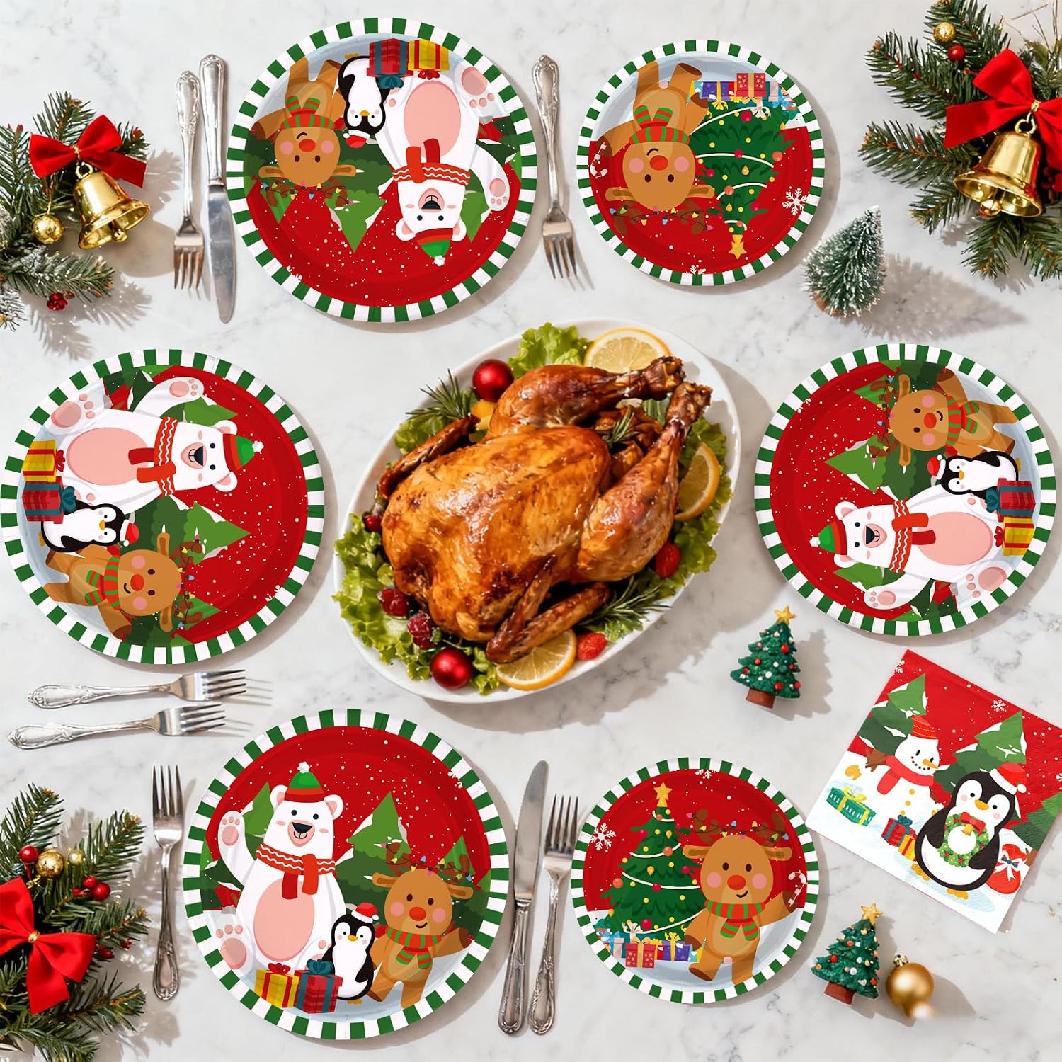 Grencian 200Pcs Christmas Cartoon Plates and Napkins Serves 50 - Grencian