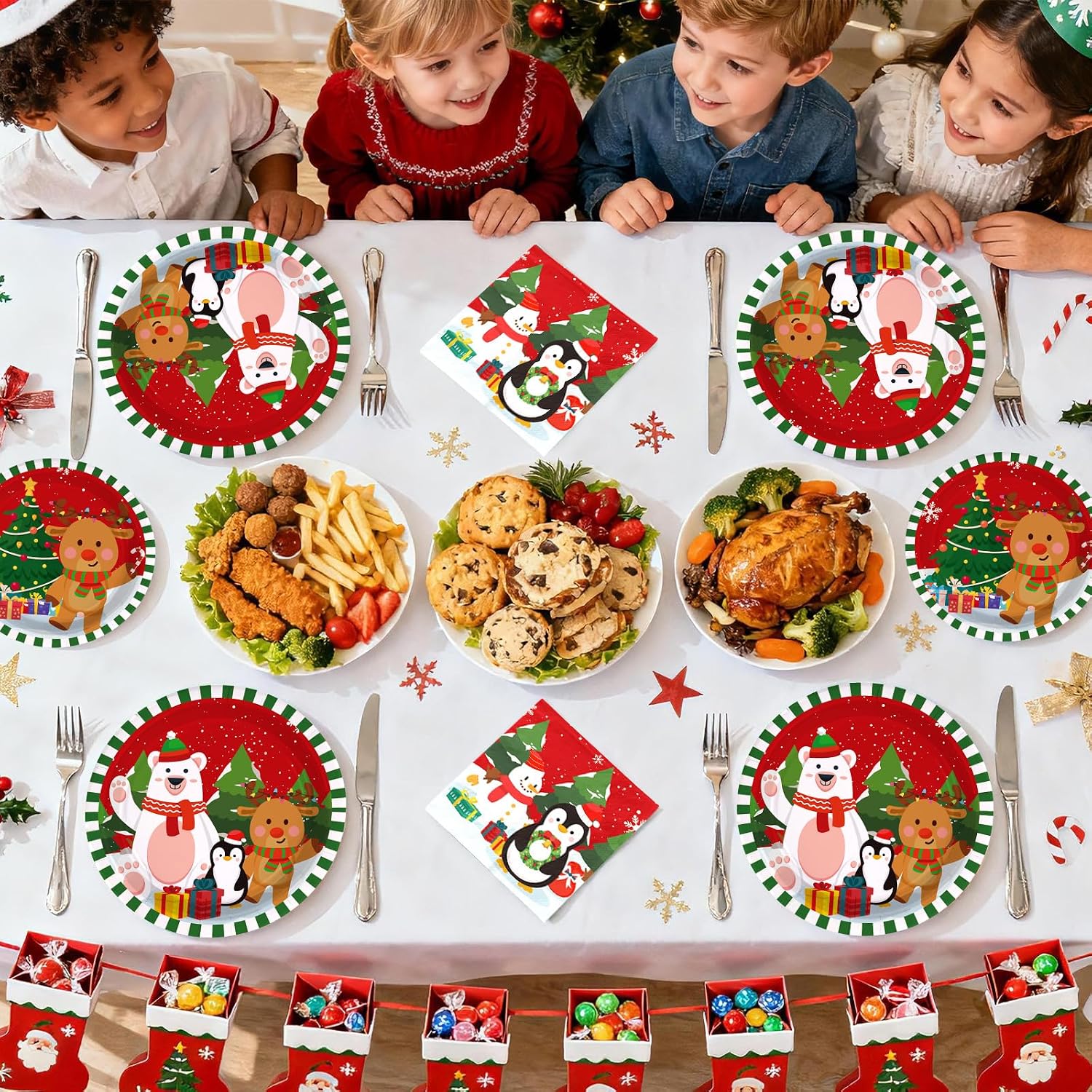 Grencian 200Pcs Christmas Cartoon Plates and Napkins Serves 50 - Grencian
