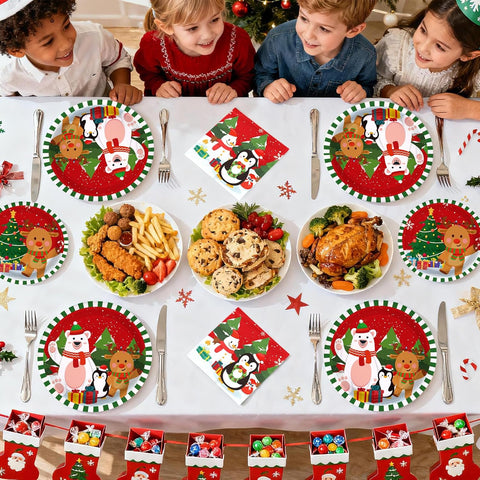 Grencian 200Pcs Christmas Cartoon Plates and Napkins Serves 50 - Grencian