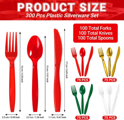 Grencian 300Pcs Christmas Disposable Plastic Cutlery 4 Colors - Grencian