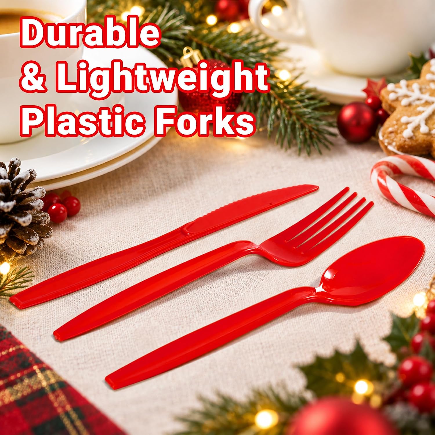 Grencian 300Pcs Christmas Disposable Plastic Cutlery 4 Colors - Grencian
