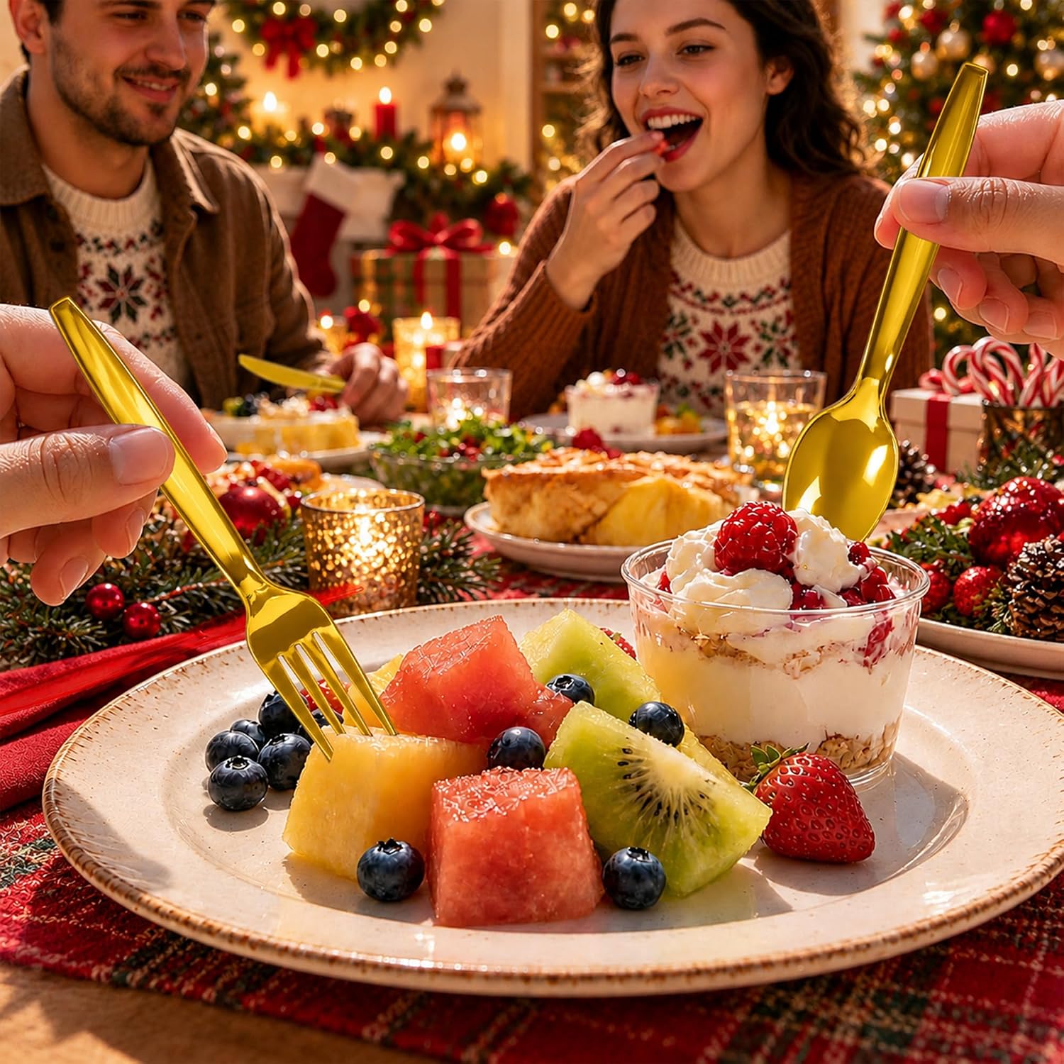 Grencian 300Pcs Christmas Disposable Plastic Cutlery 4 Colors - Grencian