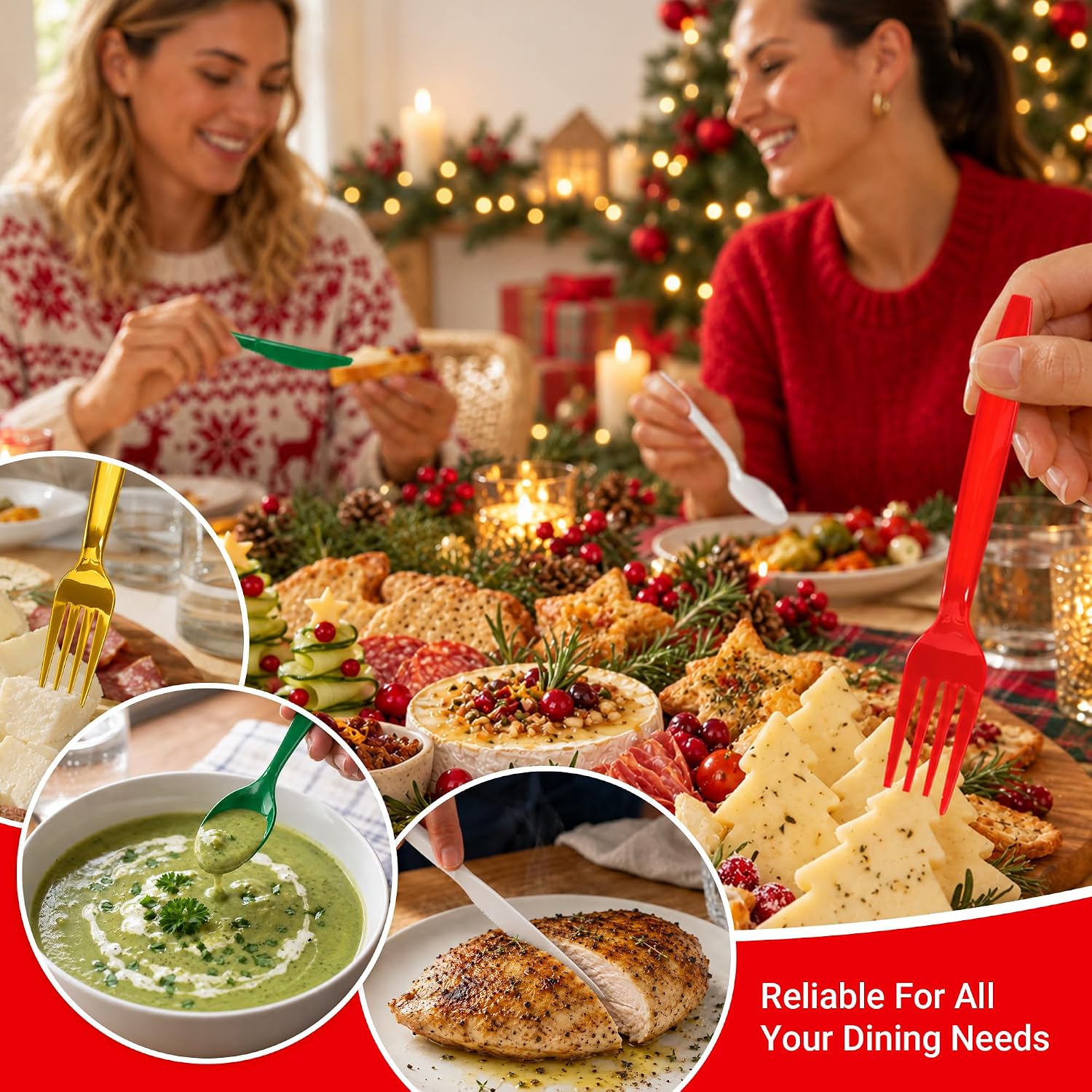 Grencian 300Pcs Christmas Disposable Plastic Cutlery 4 Colors - Grencian