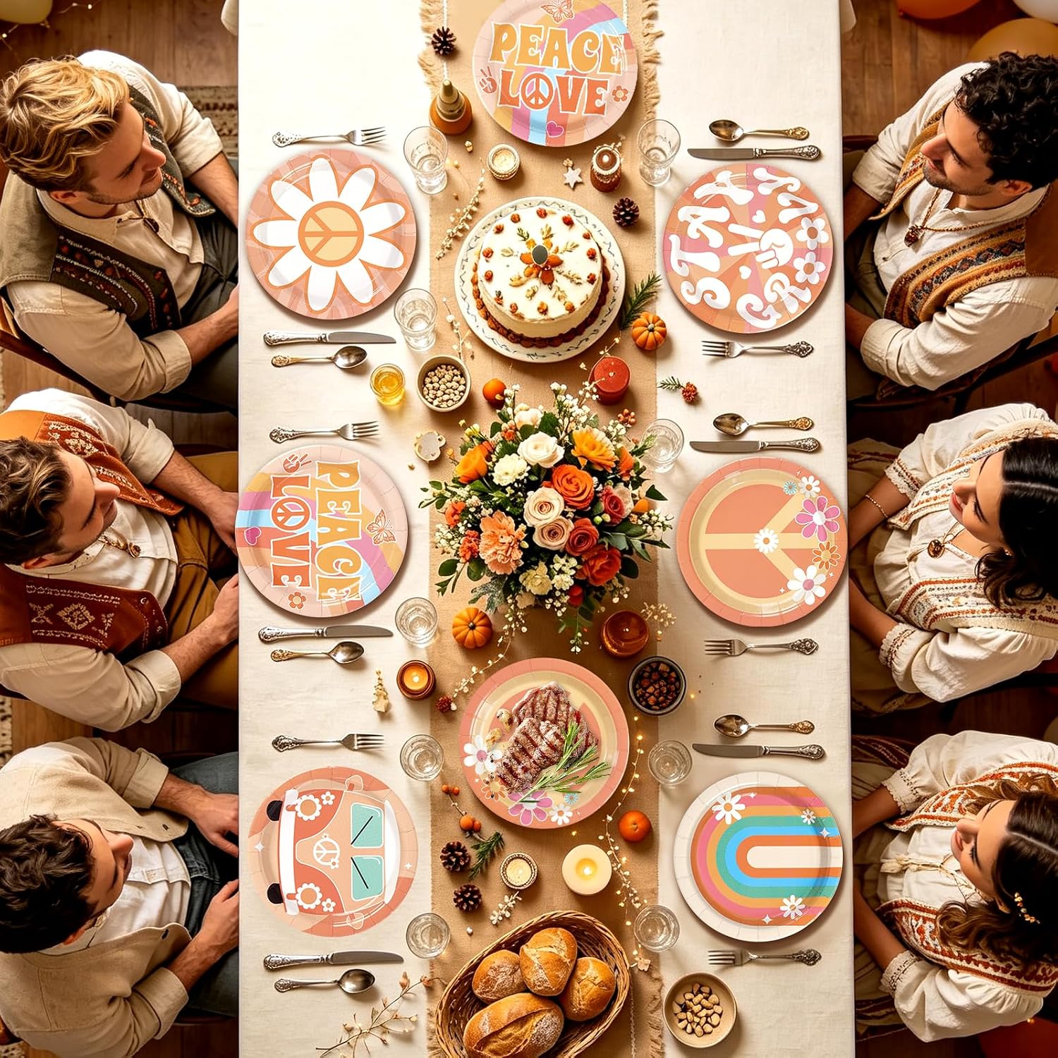 Groovy party paper plates 60 pack - boho table setting