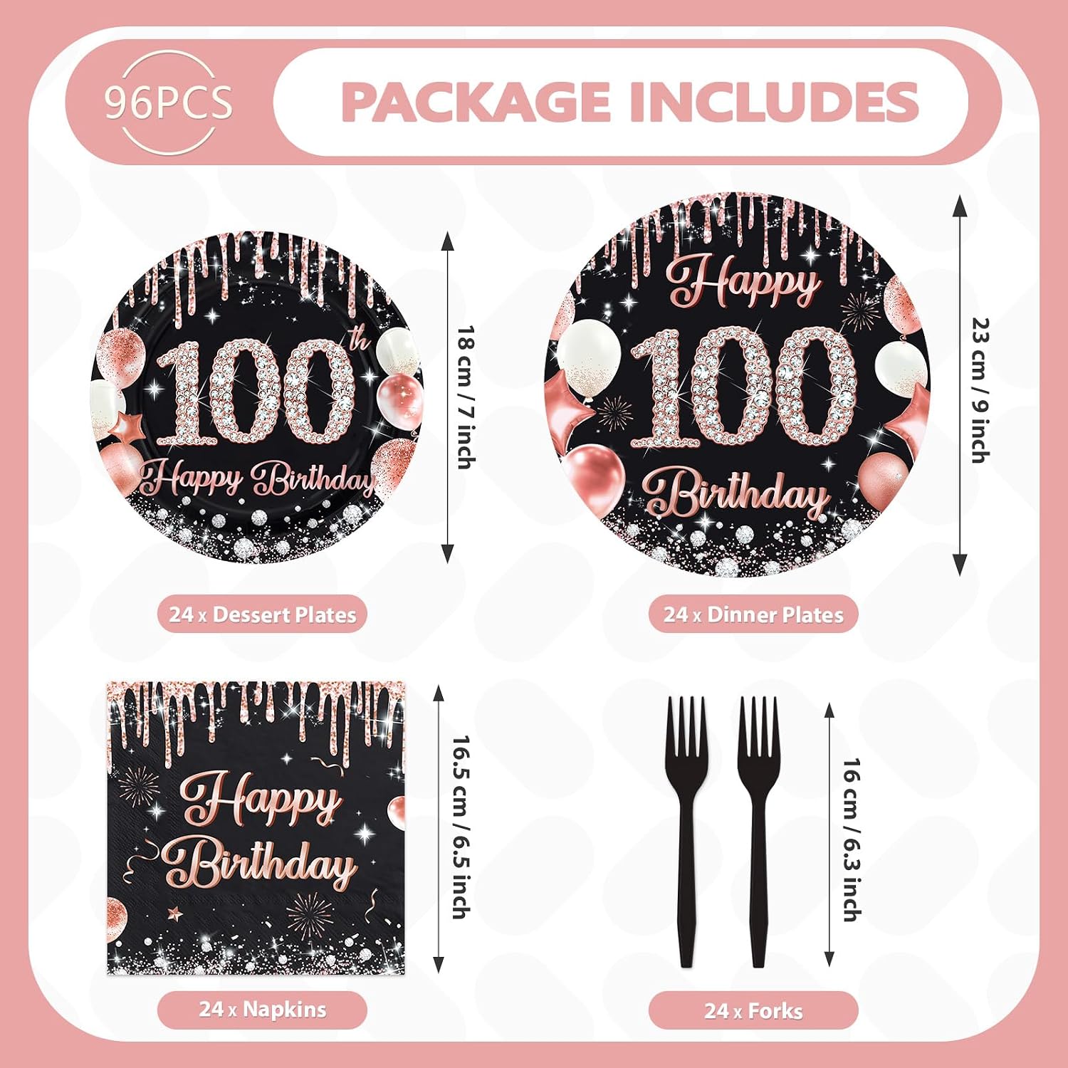 Happy 100th Birthday Plates & Napkins - 96 Pcs - view 5