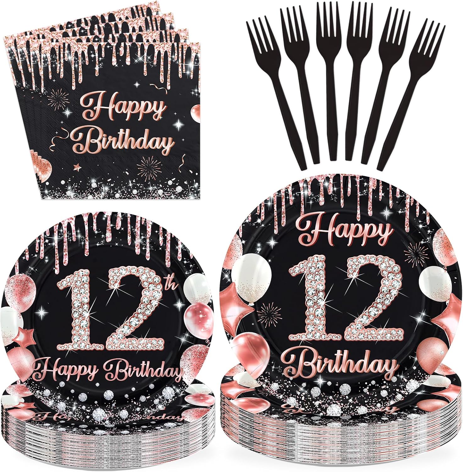 Happy 12th Birthday Plates & Napkins - 96 Pcs - view 1