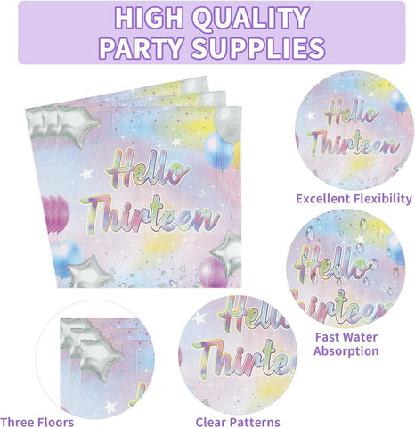 Iridescent 13th Birthday 7-inch Dessert Plates with Forks on Party Table
