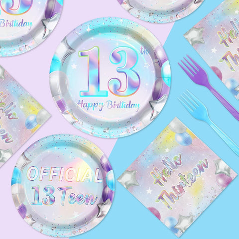 Iridescent 13th Birthday Party Table Setup with Complete Decorations and Tableware