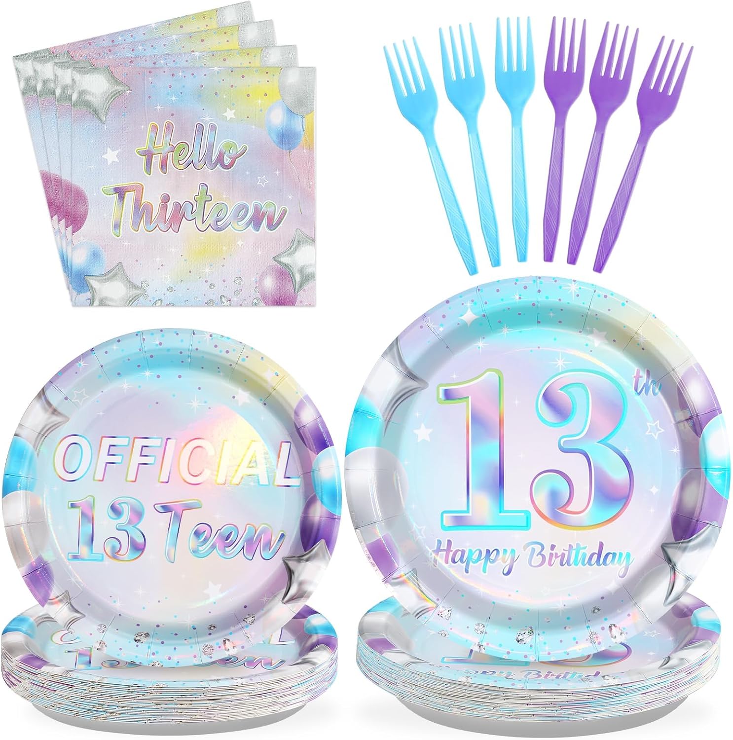 Iridescent 13th Birthday Plates and Napkins Set - 96 Pieces Party Tableware for Teen Girls