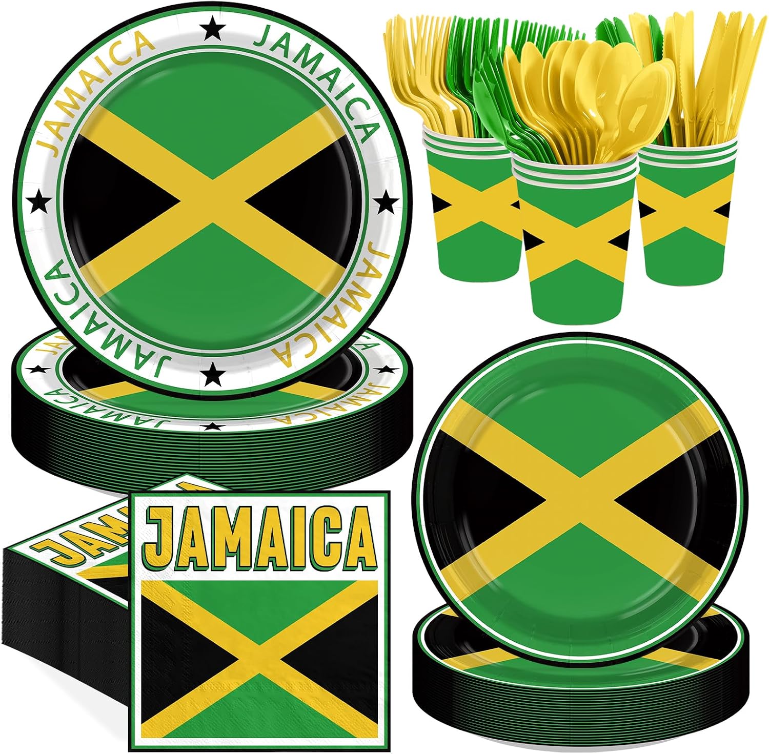 168 Pcs Jamaica Flag Party Plates Napkins Cups and Forks - Grencian