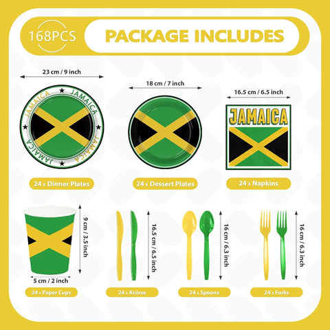 168 Pcs Jamaica Flag Party Plates Napkins Cups and Forks - Grencian