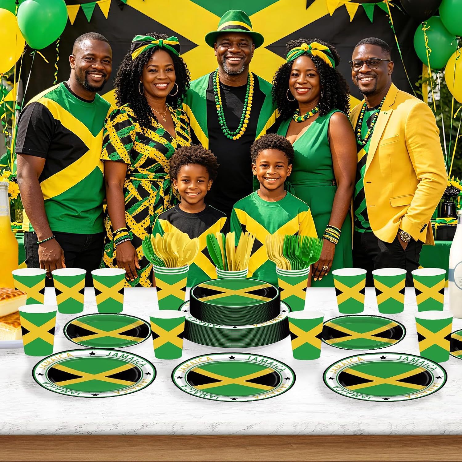 168 Pcs Jamaica Flag Party Plates Napkins Cups and Forks - Grencian