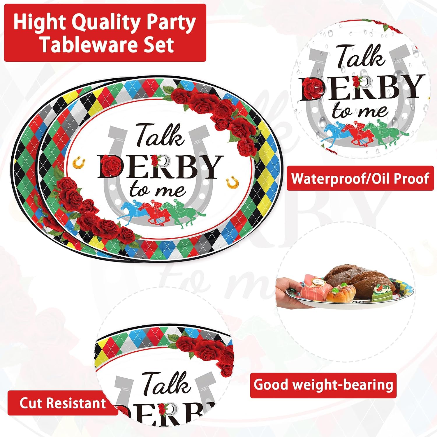 Kentucky Derby diamond plaid oval paper plates 10x12 inch jockey horse racing - view 3