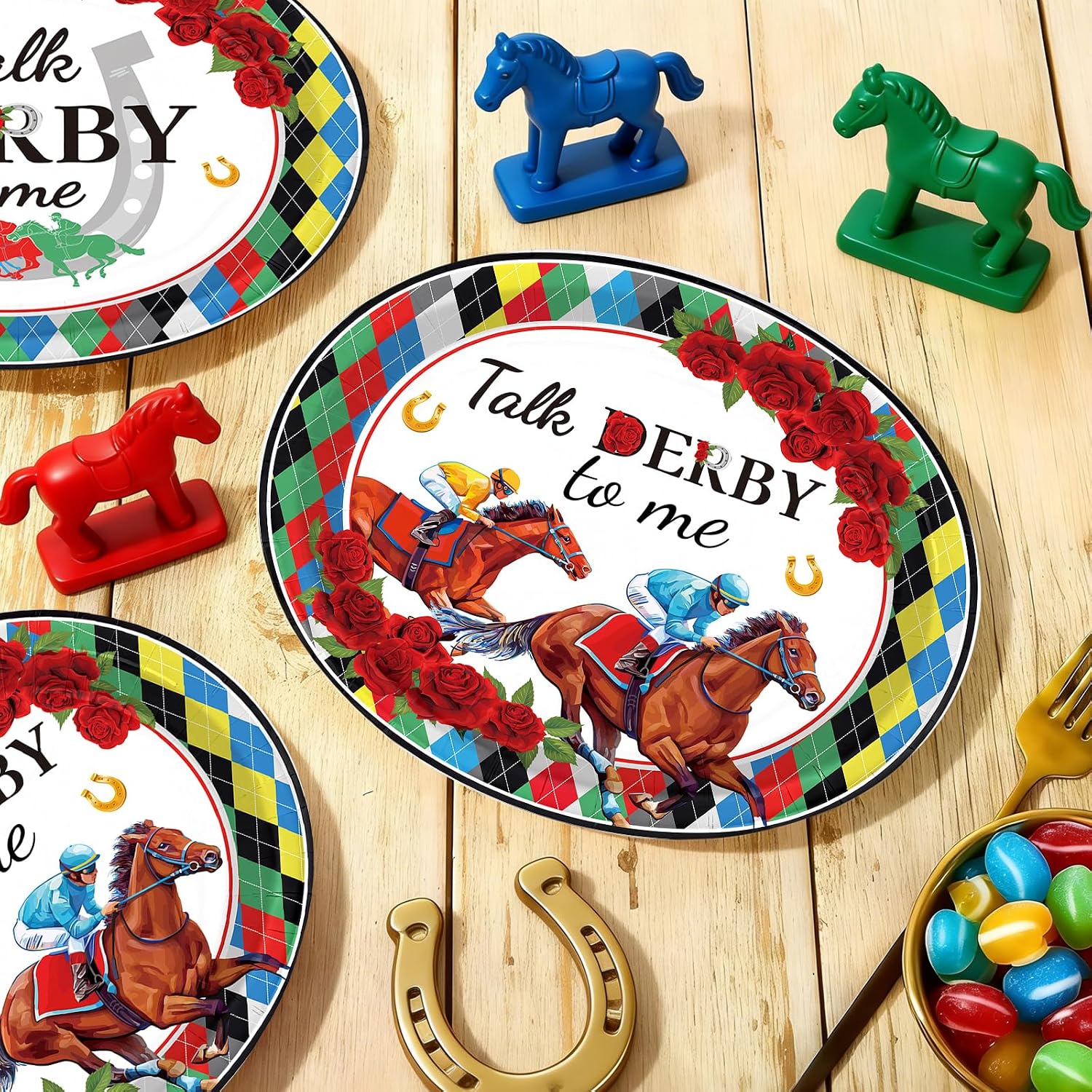 Kentucky Derby diamond plaid oval paper plates 10x12 inch jockey horse racing - view 8