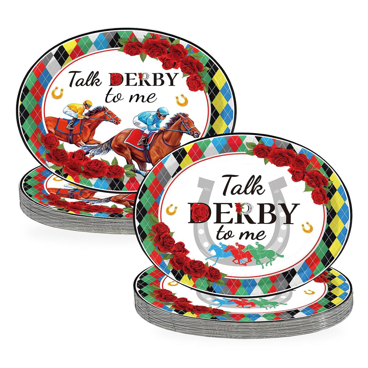 Kentucky Derby diamond plaid oval paper plates 10x12 inch jockey horse racing
