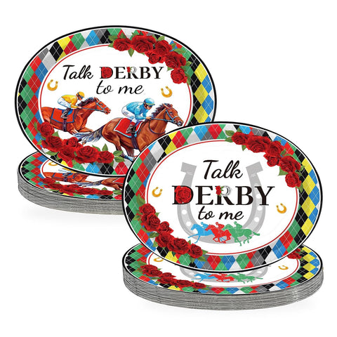 Kentucky Derby diamond plaid oval paper plates 10x12 inch jockey horse racing