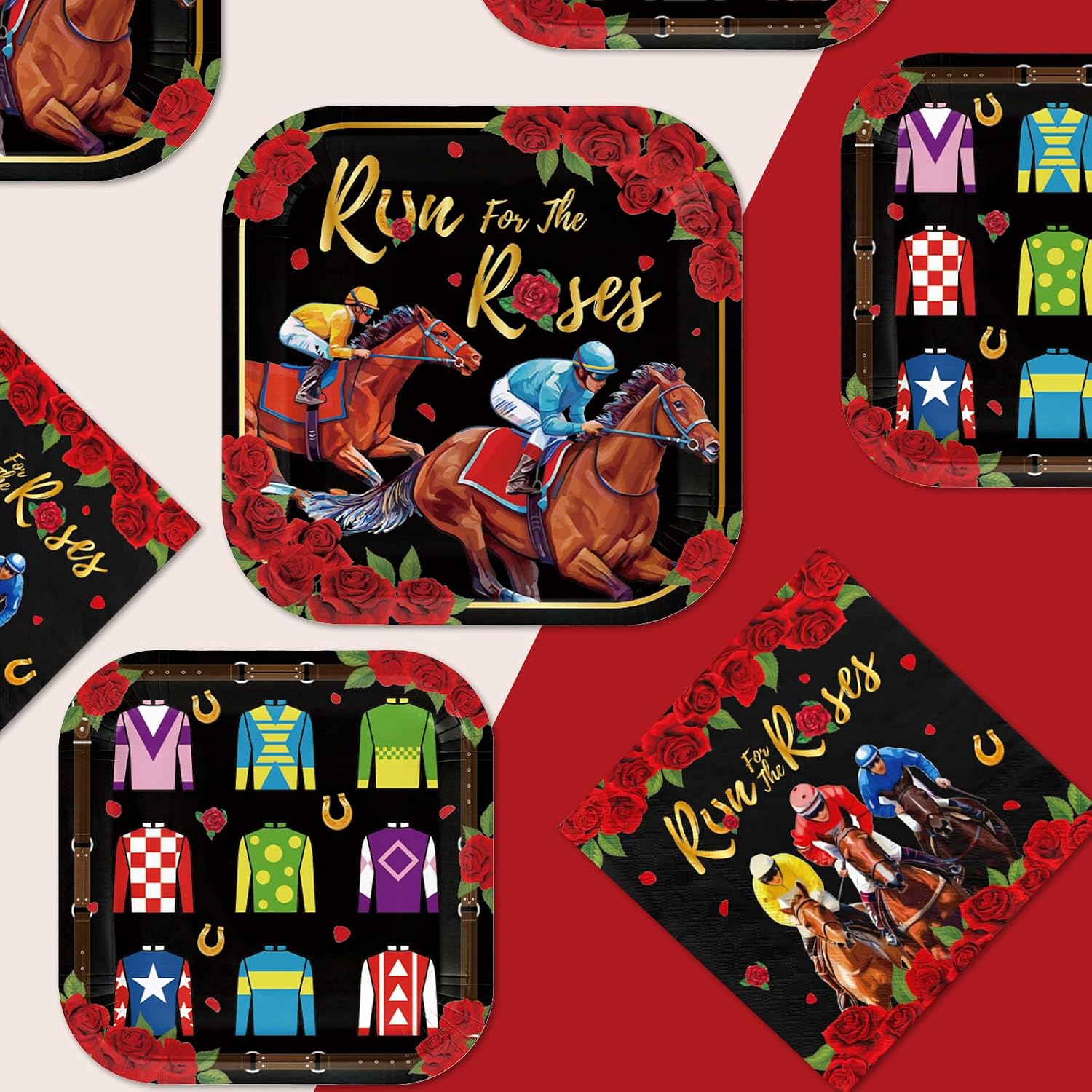 200 Pcs Derby Party Square Plates and Napkins - Grencian