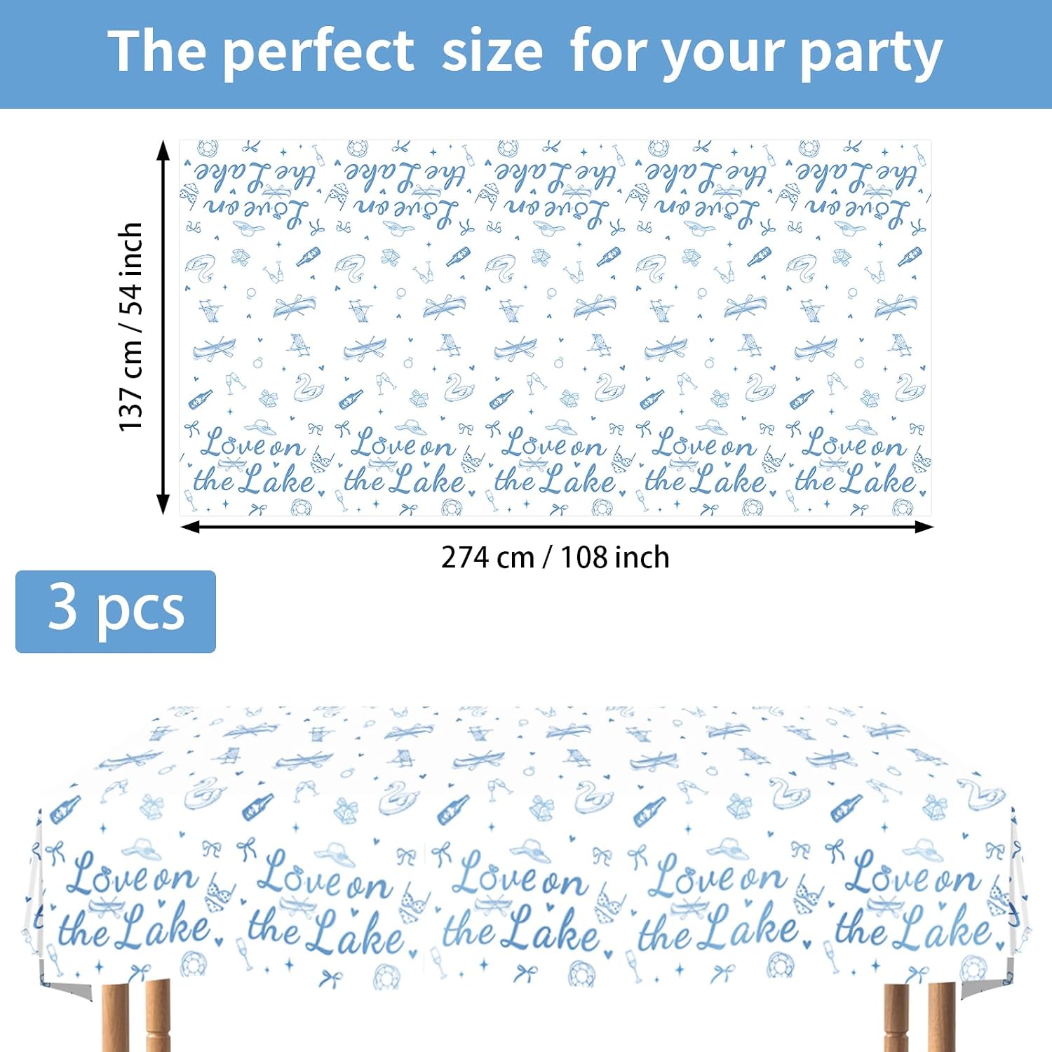 Flat lay of three Love on the Lake tablecloths with lakeside design