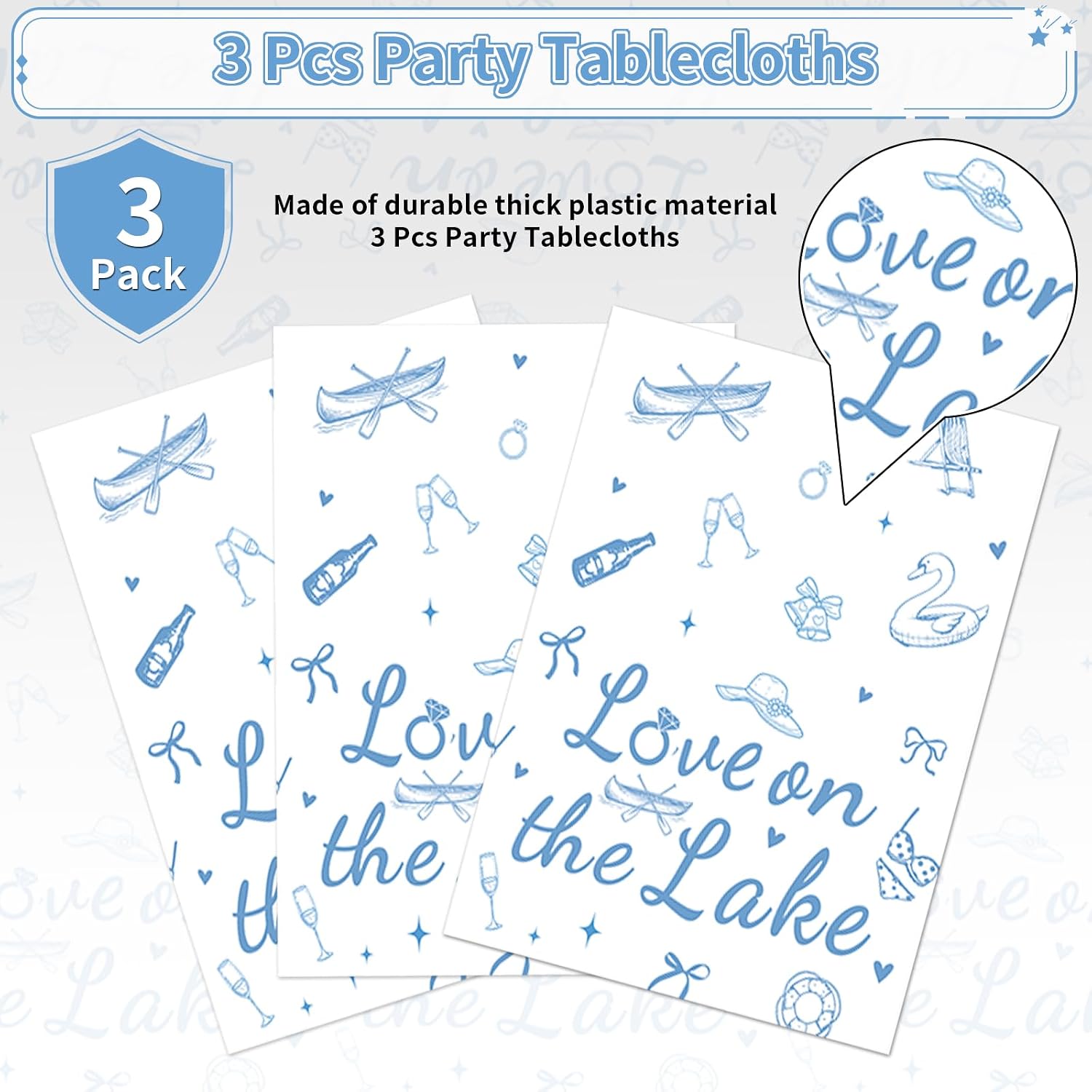 Engagement tablecloth draped on party table with lake themed decorations