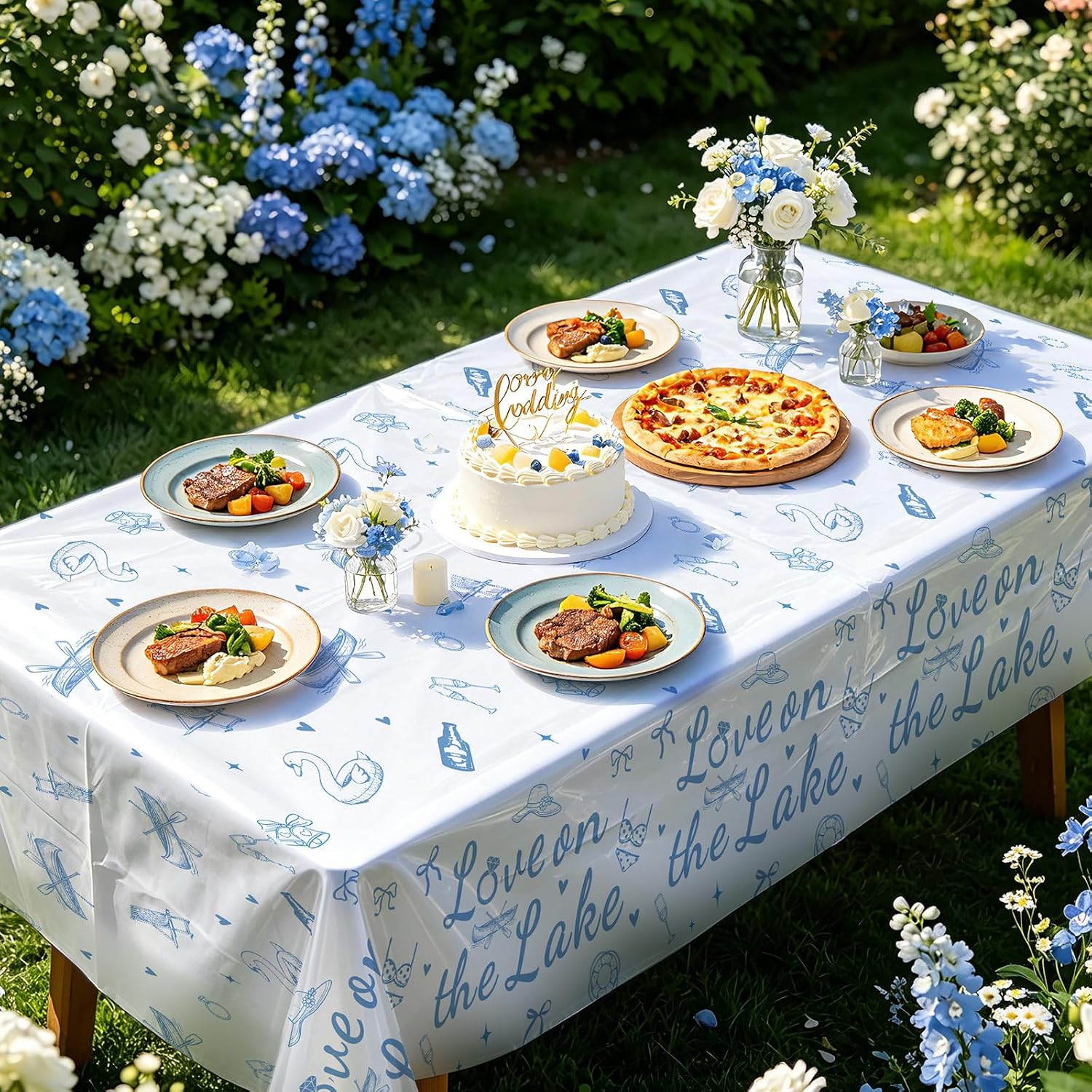 Bridal shower or bachelorette party scene with summer blue lake tablecloth