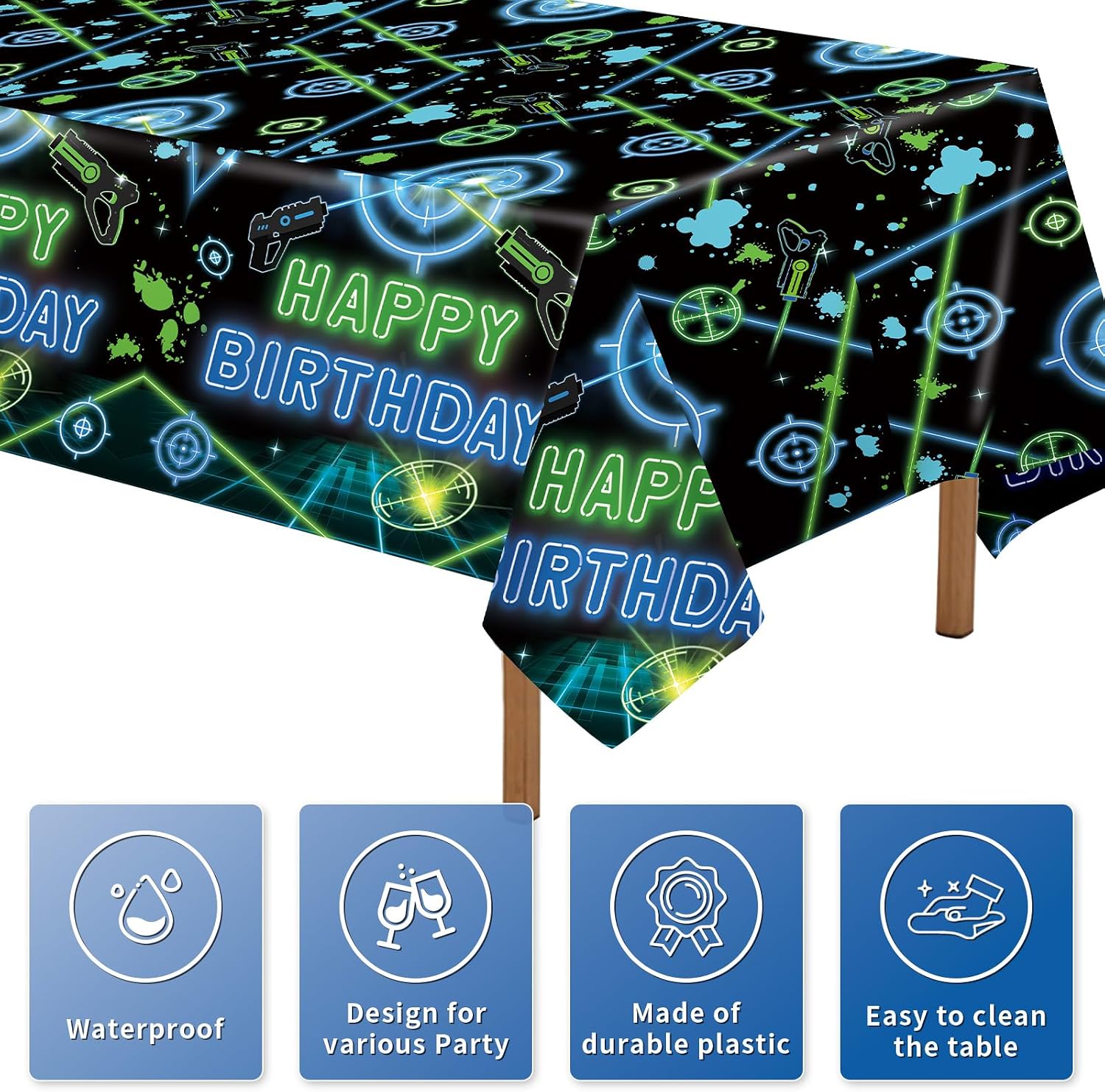 Close-up of laser tag plastic tablecloth with gaming gun graphics