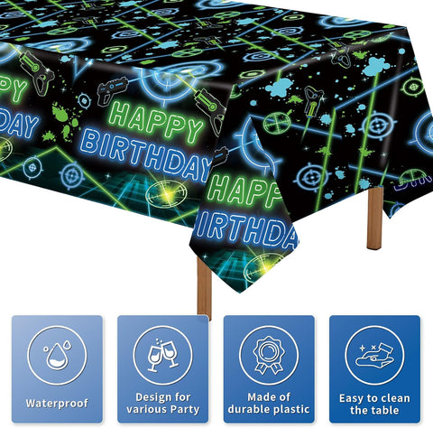 Close-up of laser tag plastic tablecloth with gaming gun graphics