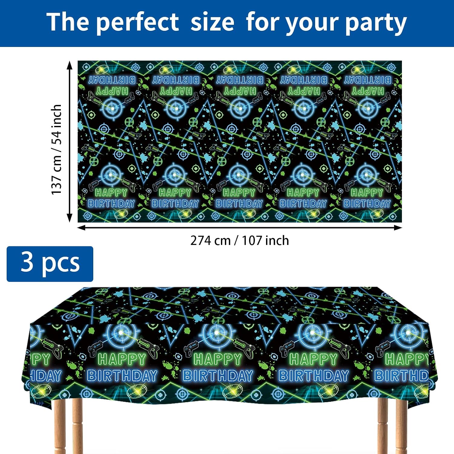 Flat lay of three laser tag tablecloths with green blue neon shooting game design