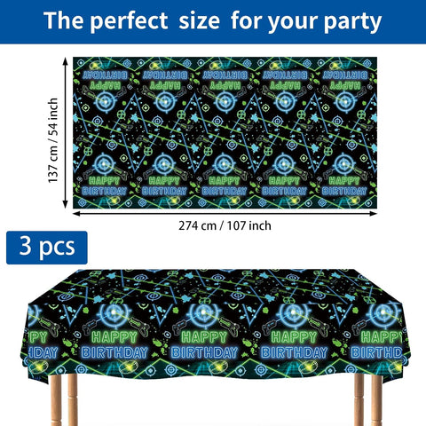 Flat lay of three laser tag tablecloths with green blue neon shooting game design