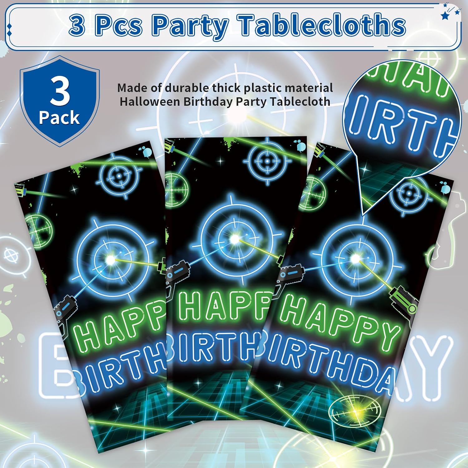 Laser tag birthday tablecloth draped on party table with gaming themed decorations