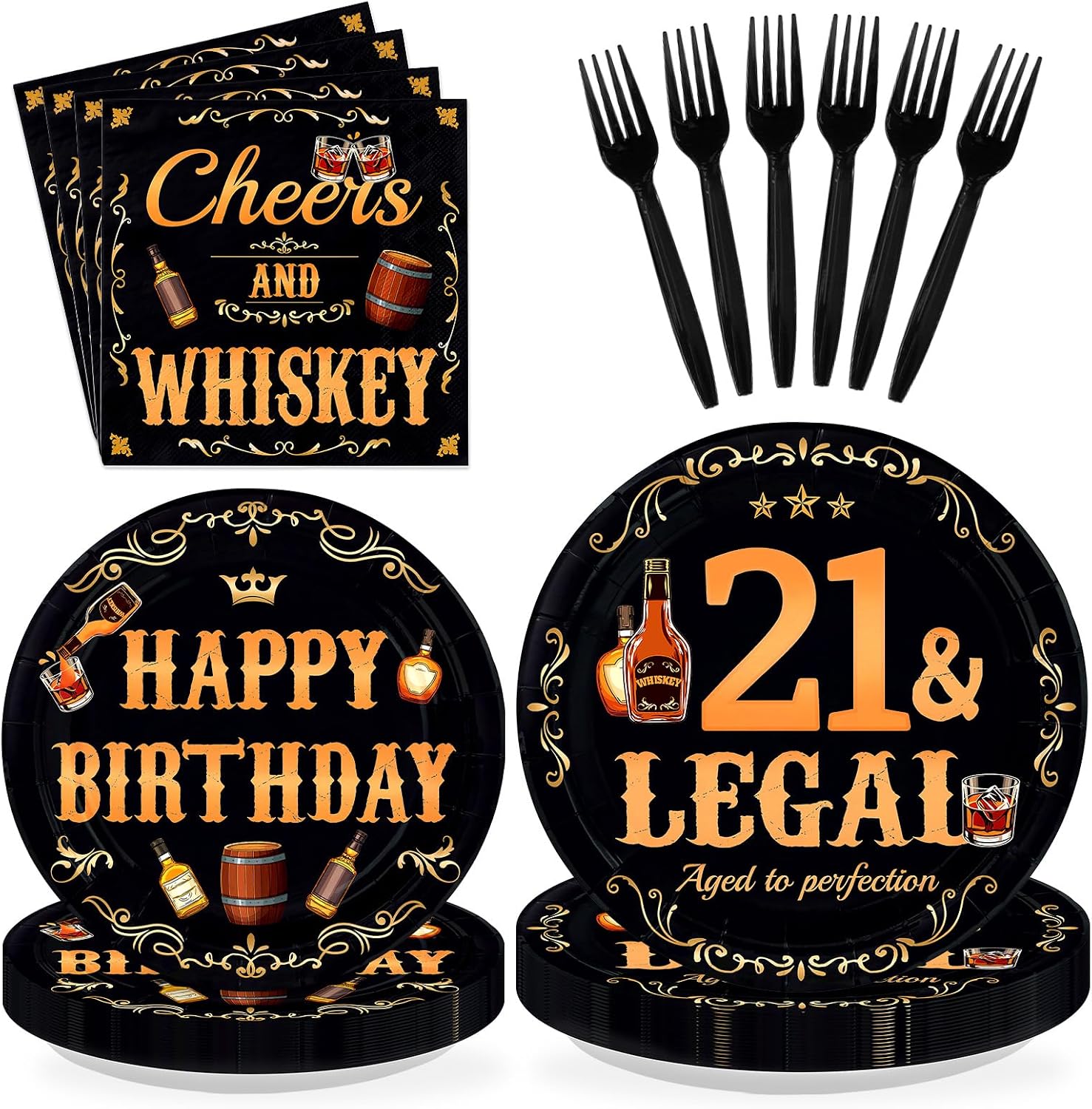 Legal Whiskey 21st Birthday Plates & Napkins Set - 96 Pcs - Grencian