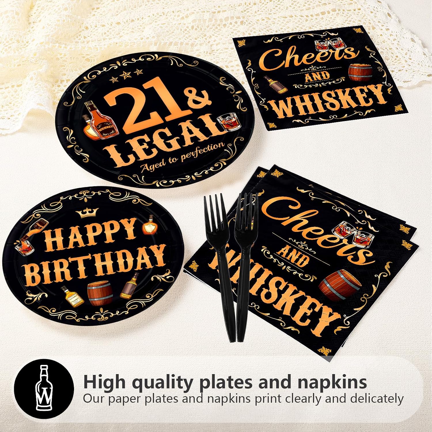 Legal Whiskey 21st Birthday Plates & Napkins Set - 96 Pcs - Grencian