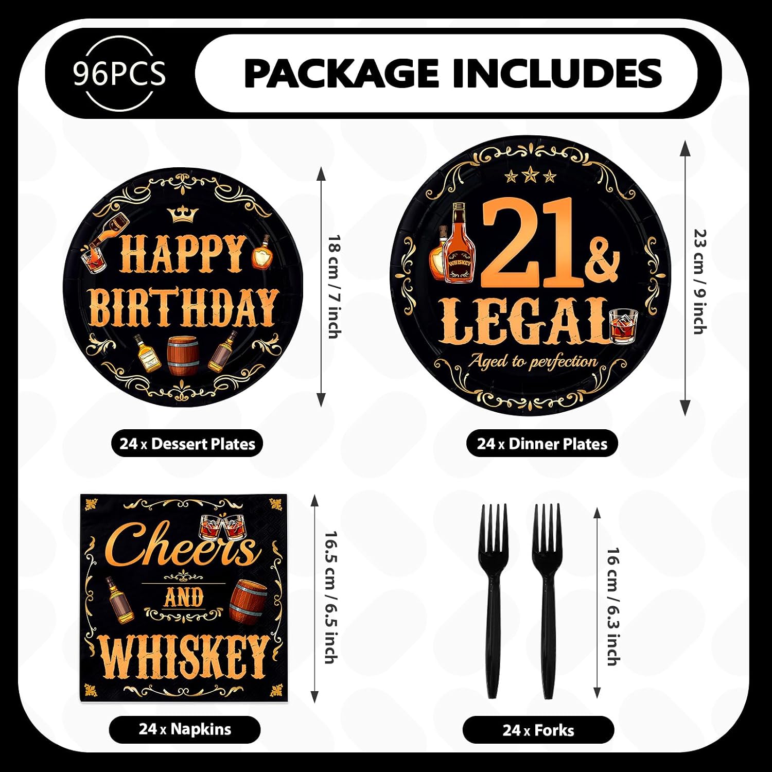 Legal Whiskey 21st Birthday Plates & Napkins Set - 96 Pcs - Grencian